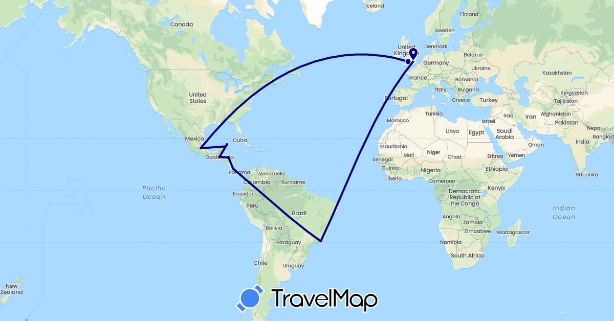 TravelMap itinerary: driving in Brazil, Costa Rica, United Kingdom, Guatemala, Honduras, Mexico (Europe, North America, South America)